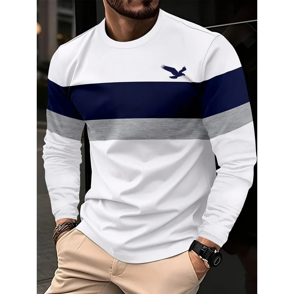 Outono Moda Masculina Águia Impressão Manga Longa Camiseta Listrado Casual Esportes Moletom Solto Topo Masculino Commute