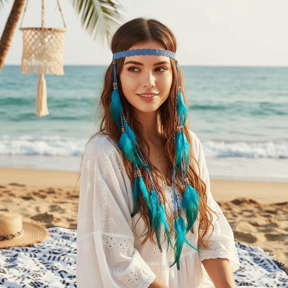 Boho Tassel Headpiece , Faixa De Crochê Intrica Com Detalhes De Contas Coloridas Dreamcatcher Feather Headband