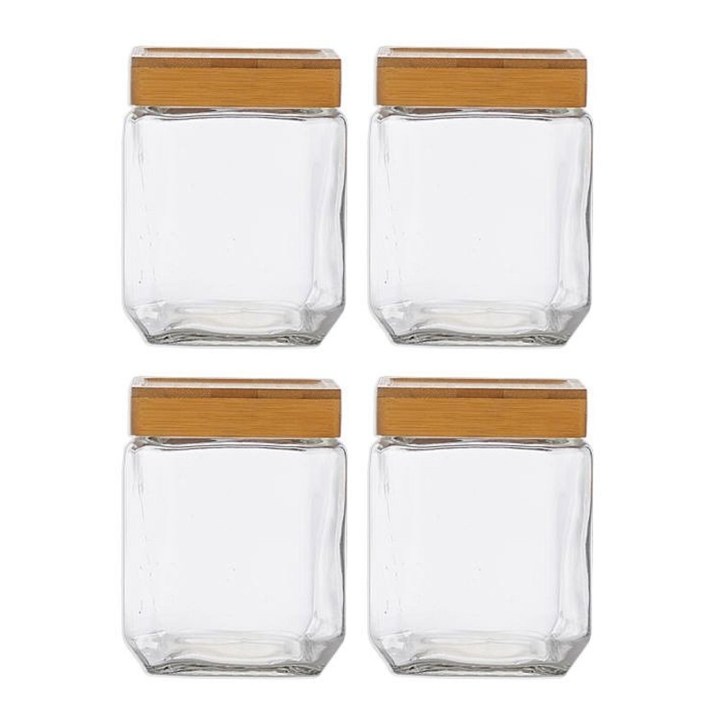 Kit 4 Pote Hermético Quadrado Tampa Bambu 1250ml Design Sofisticado Mantimentos Multiuso