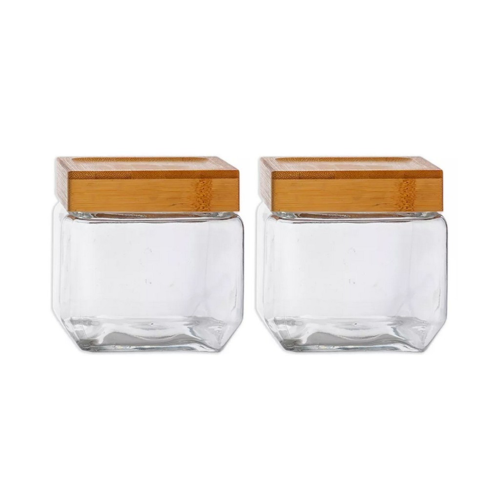 Kit 2 Pote Hermético Quadrado Tampa Bambu Design Sofisticado Mantimentos Multiuso 880ml