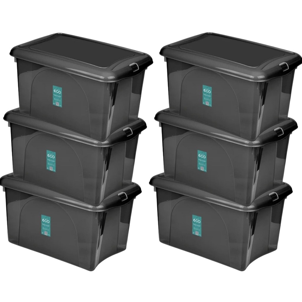 Kit 6 Caixa Organizadora C/ Travas Preta 16,6L Resistente Design Sofisticado Multiuso