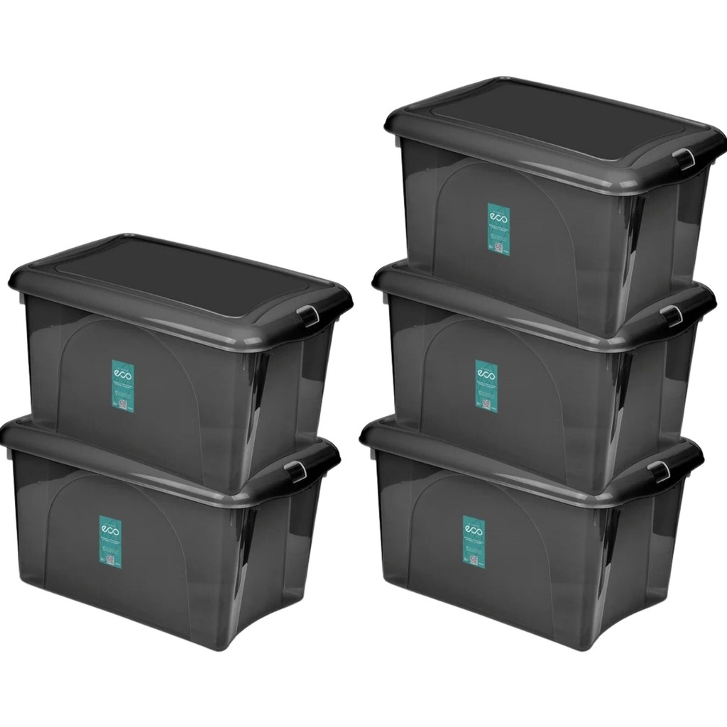 Kit 5 Caixa Organizadora C/ Travas Preta 16,6L Resistente Design Sofisticado Multiuso