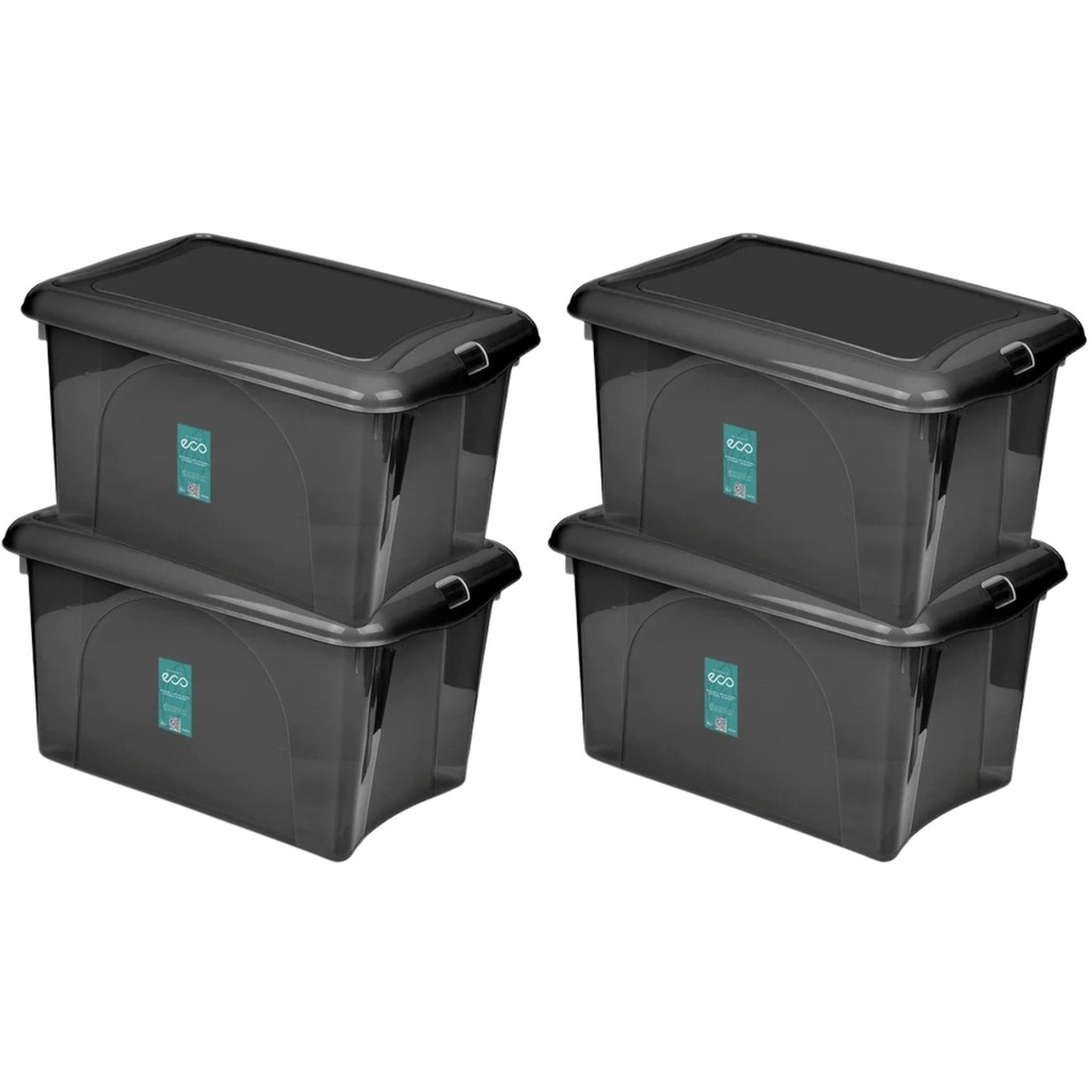 Kit 4 Caixa Organizadora C/ Travas Preta 16,6L Resistente Design Sofisticado Multiuso