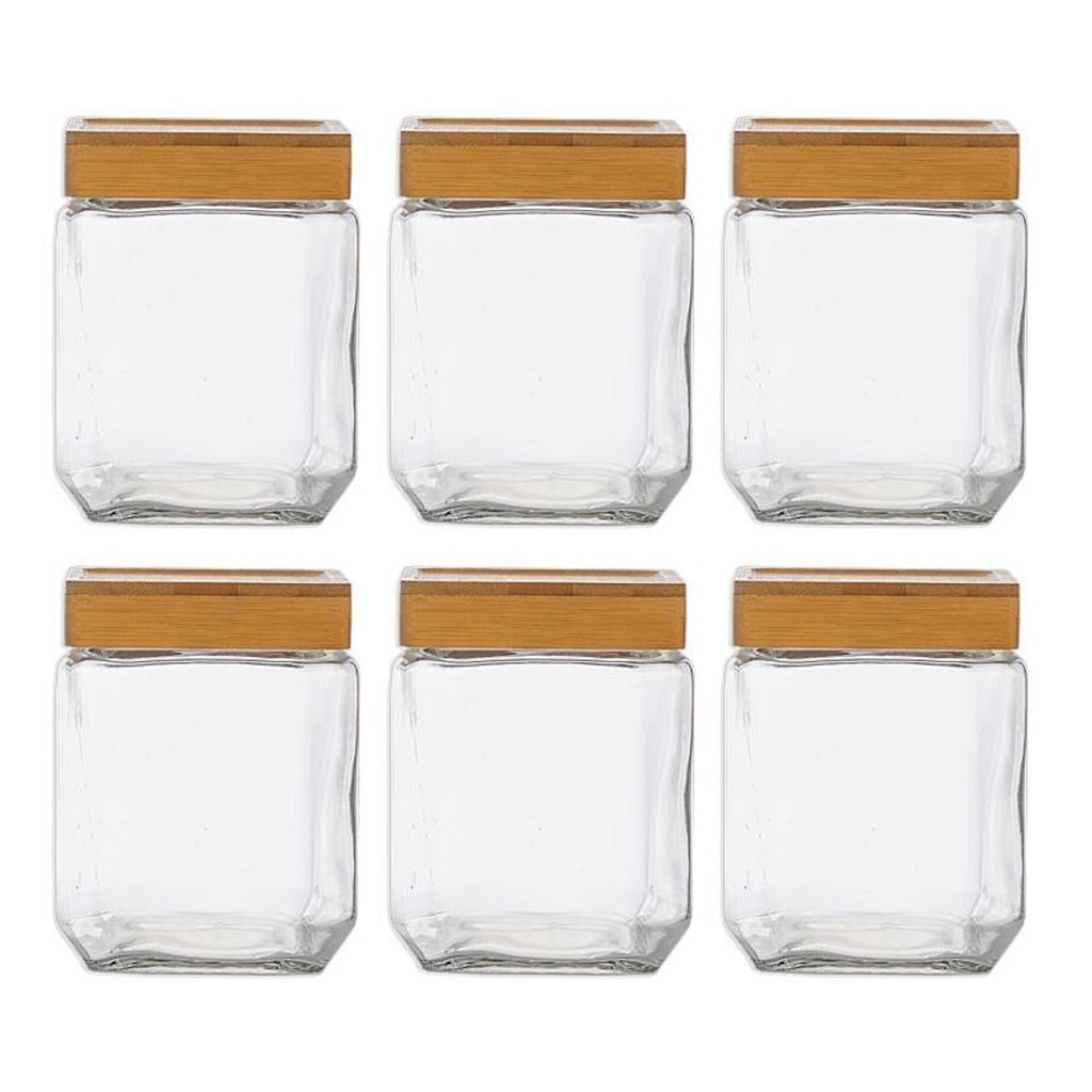 Kit 6 Pote Hermético Quadrado Tampa Bambu 1250ml Design Sofisticado Mantimentos Multiuso