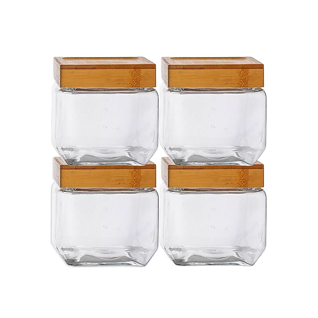 Kit 4 Pote Hermético Quadrado Tampa Bambu Design Sofisticado Mantimentos Multiuso 880ml