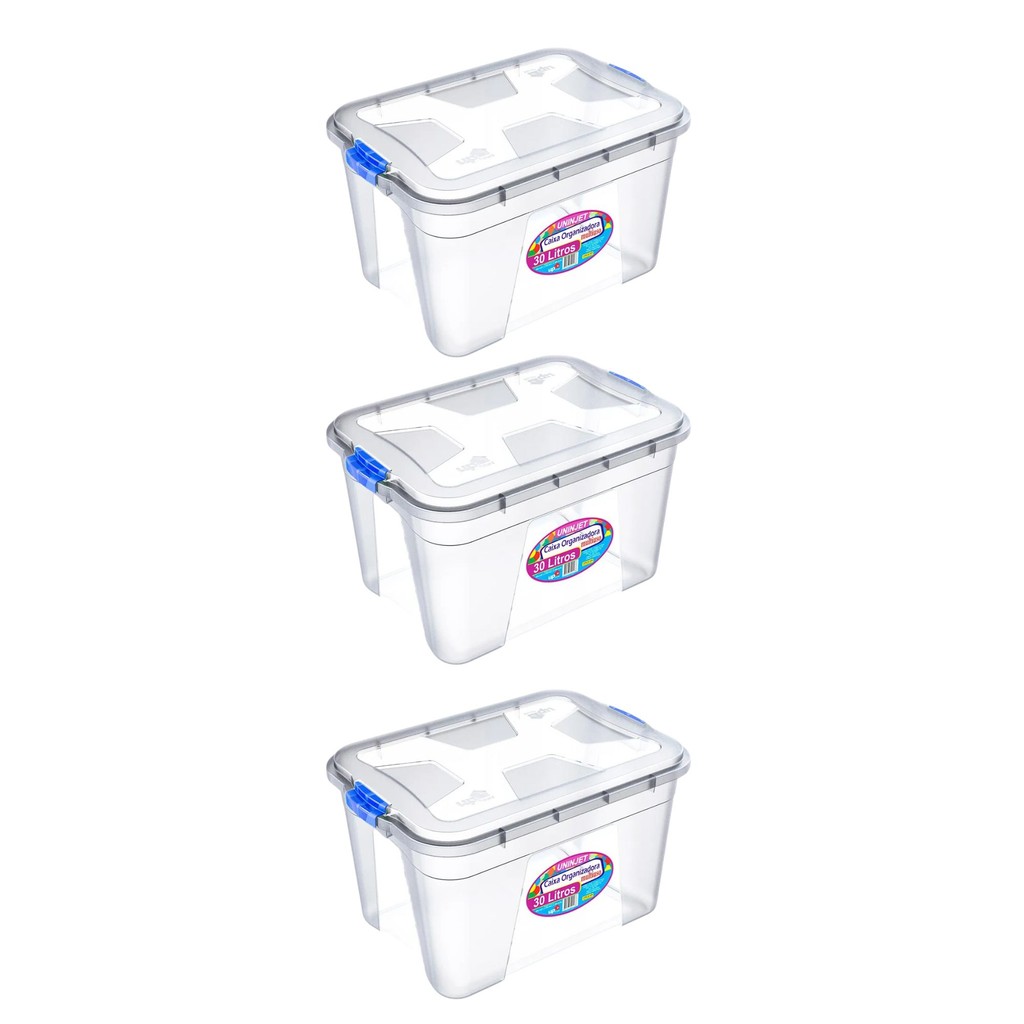Kit 3 Caixa Organizadora Transparente 30L Com Travas Multiuso Design Sofisticada
