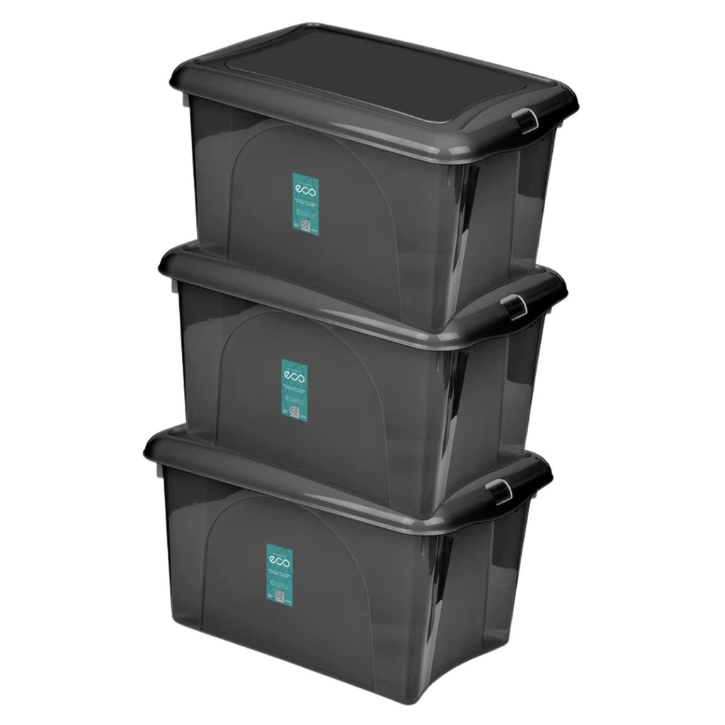 Kit 3 Caixa Organizadora C/ Travas Preta 16,6L Resistente Design Sofisticado Multiuso