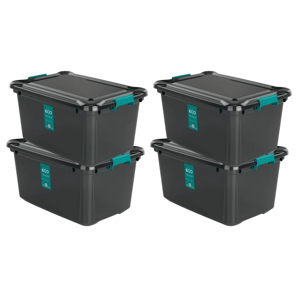 Kit 4 Caixa Organizadora 27l Com Travas Multiuso Preta Design Sofisticado Prático Empilhavel