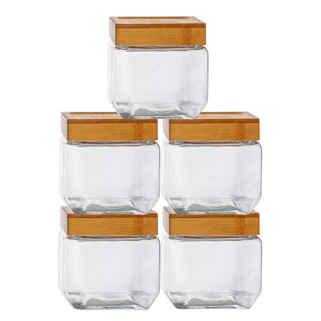 Kit 5 Pote Hermético Quadrado Tampa Bambu Design Sofisticado Mantimentos Multiuso 880ml