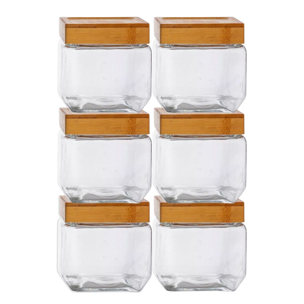 Kit 6 Pote Hermético Quadrado Tampa Bambu Design Sofisticado Mantimentos Multiuso 880ml