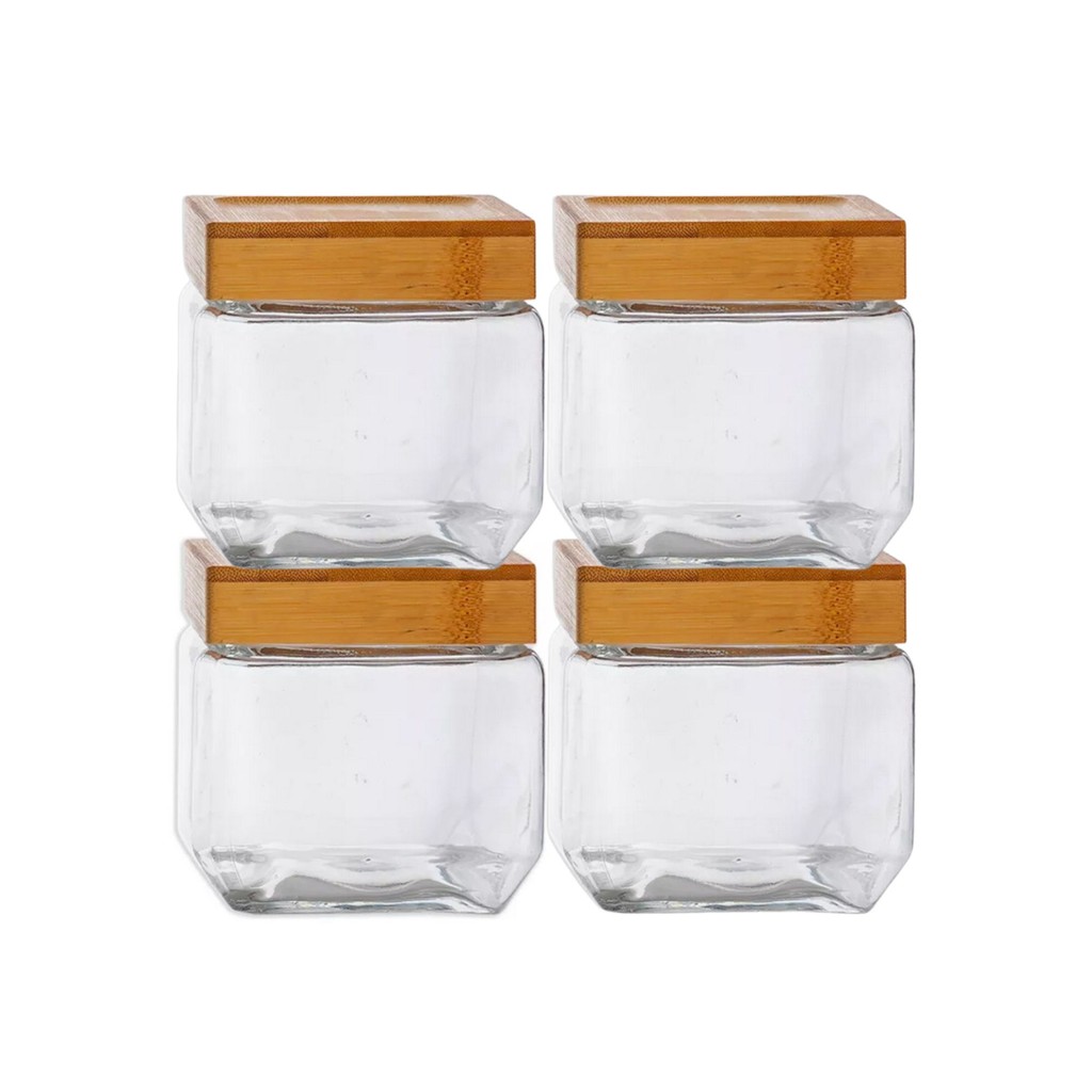 Kit 4 Pote Hermético Quadrado Tampa Bambu Design Sofisticado Mantimentos Multiuso 880ml