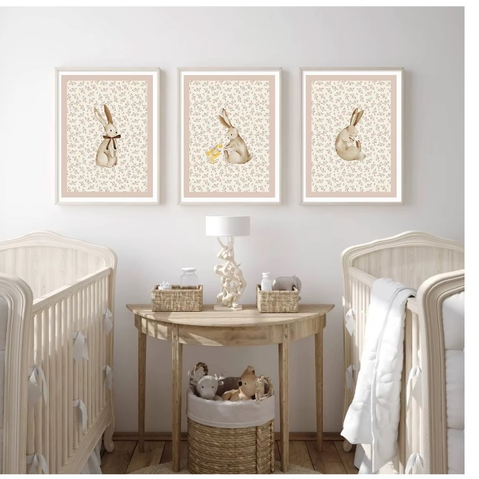 Quadros decorativos Coelho floresta bege, pintura em aquarela de flor de estilo boêmio (3 peças)