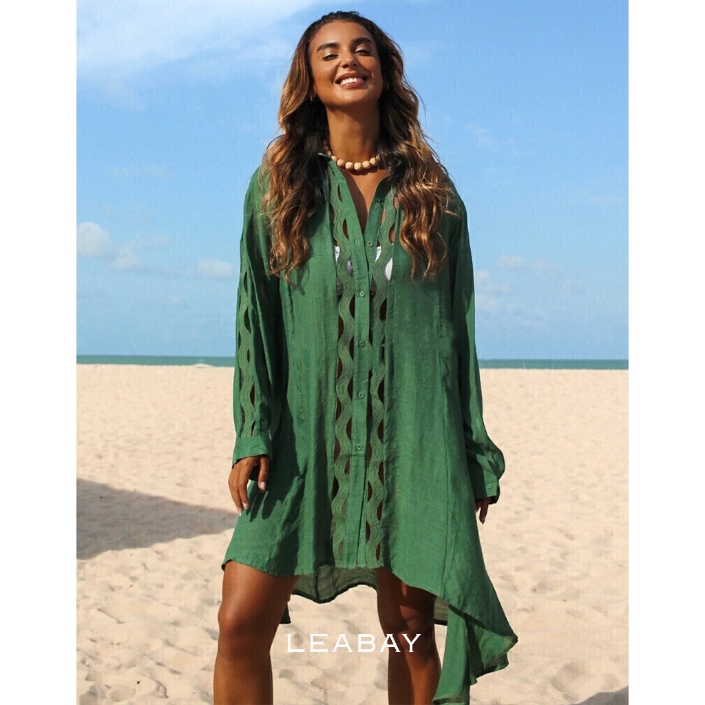 Saída de praia verão protetora  com longo rendado Recortes  estilo camisa boêmio casual , Tecido macio respirável.
