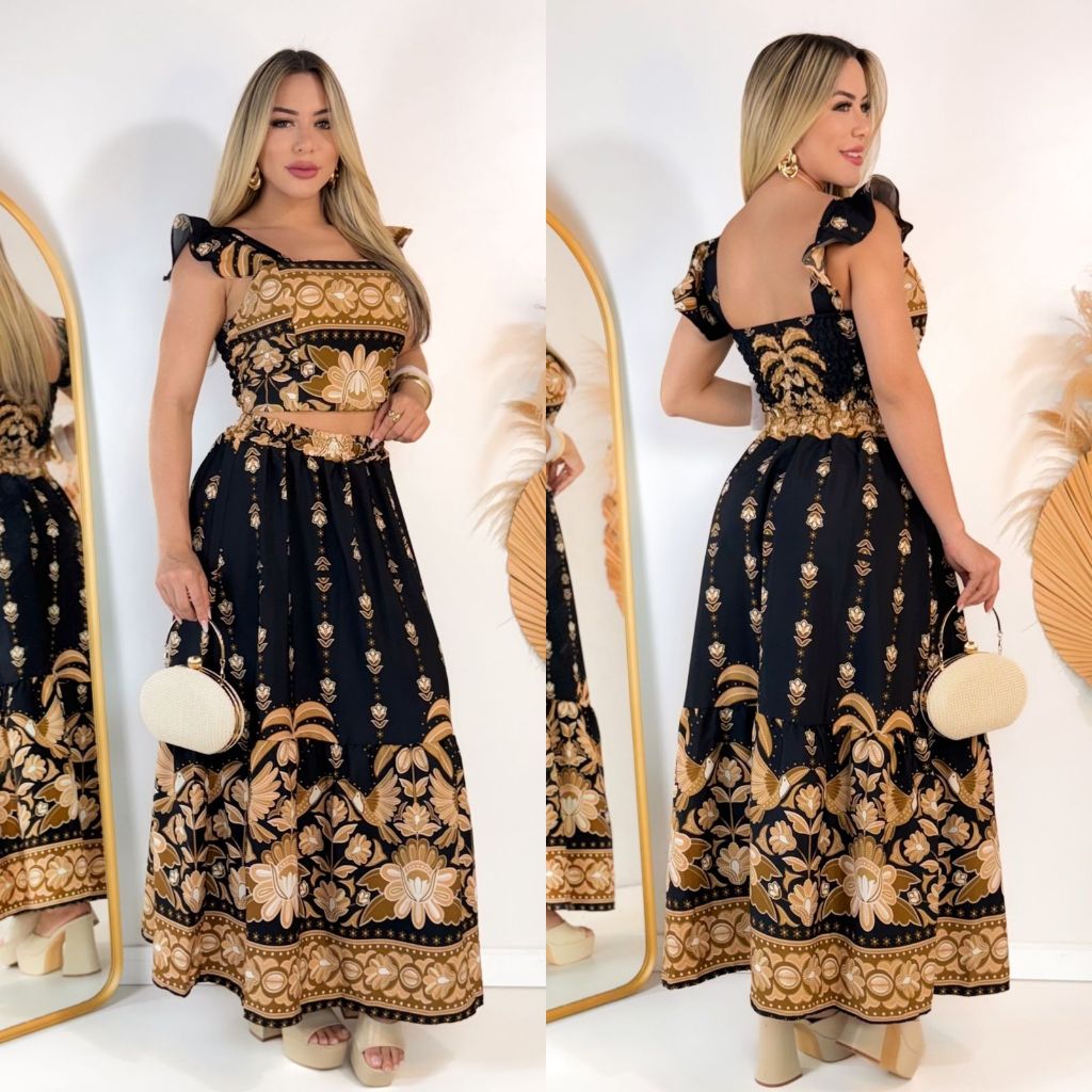 NOVO DISIGN BOHEMIAN ESTILO TEMPERAMENTO ELEGANTE DE DUAS PEÇAS COM SAIA TEM BOJO  ELASTEX NA COSTA
