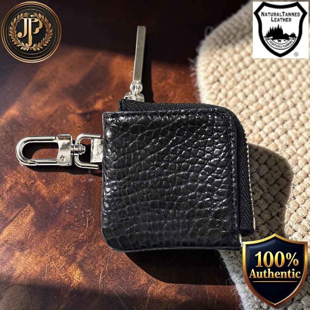 [CLW] Crocodile Leather Works Nile Crocodile Mini Coin Case, Matte Black, Silver Zipper