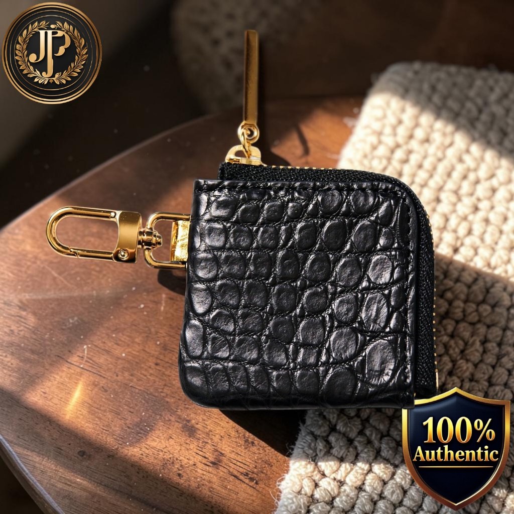 [CLW] Crocodile Leather Works Mini Coin Case – Matte Black, Gold Zipper, Nile Crocodile