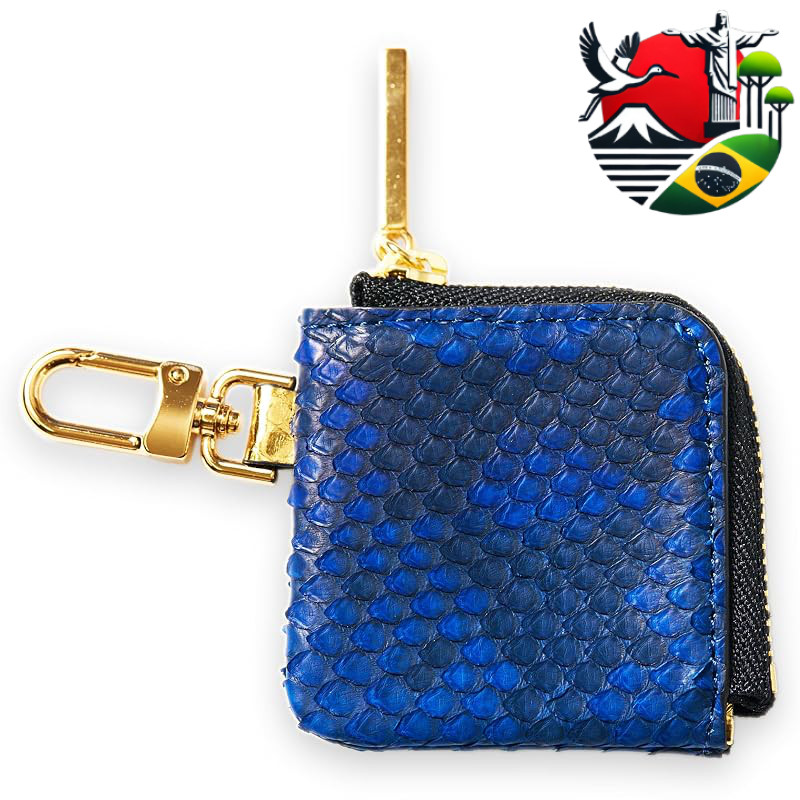 [CLW Crocodile Leather Works] Indigo-Dyed Diamond Python Mini Coin Case, Gold Zipper, Made in Japan