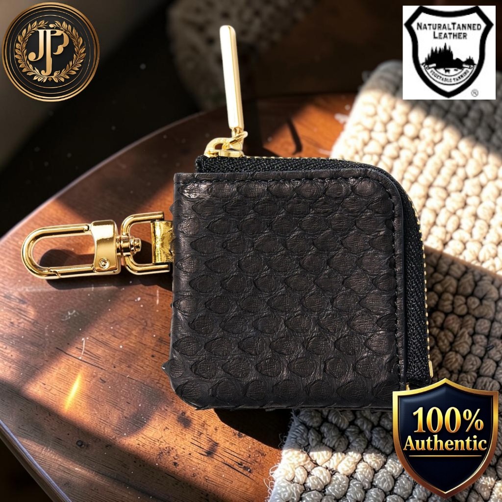 [CLW] Crocodile Leather Works Diamond Python Mini Coin Case, Matte Black w/ Gold Zipper