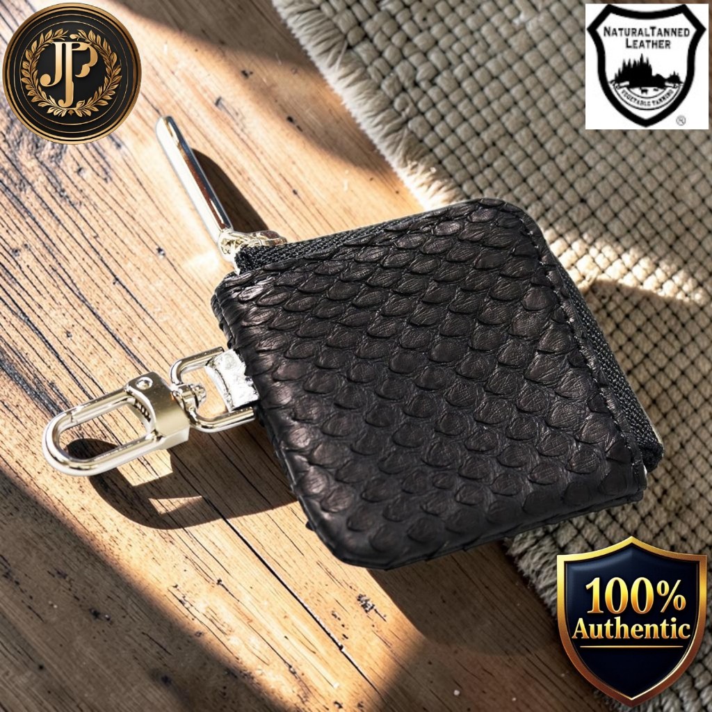 [CLW Crocodile Leather Works] Diamond Python Mini Coin Case – Matte Black, Silver Zipper
