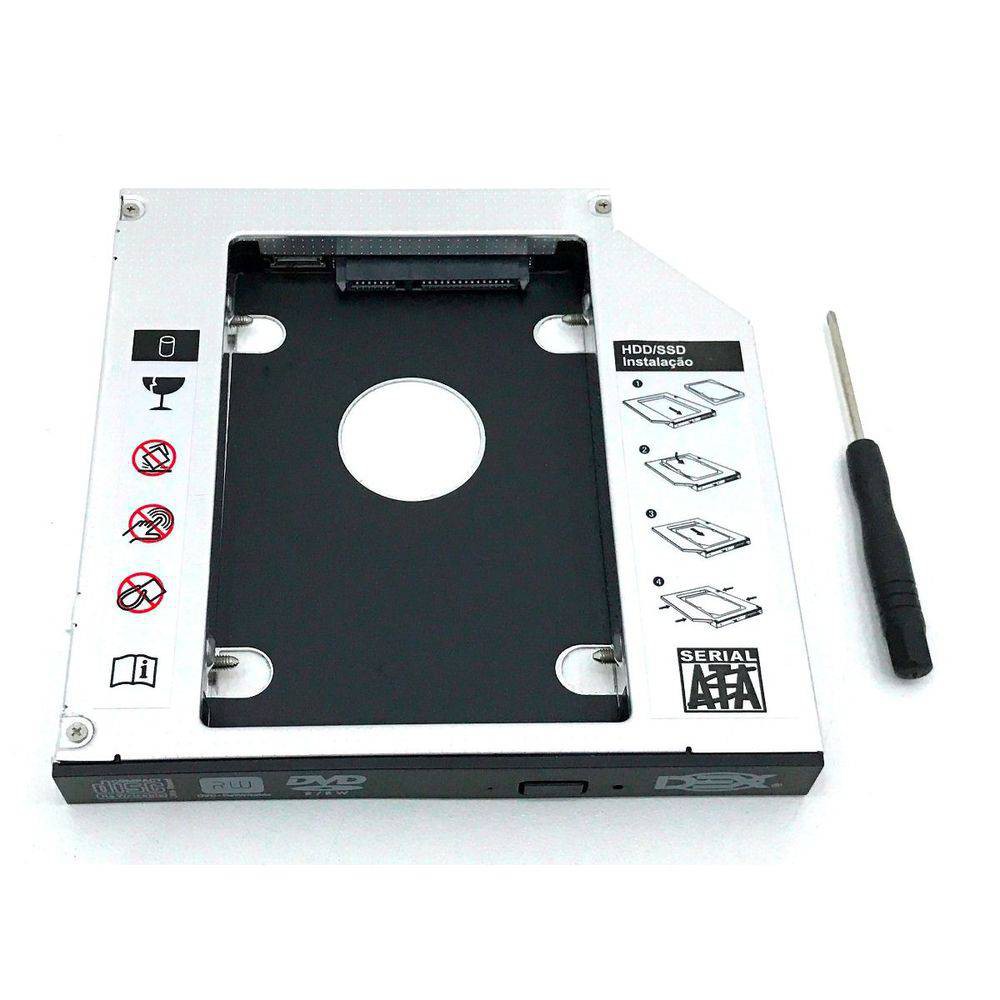 Adaptador Caddy para HD ou SSD para notebook Drive Caddy SATA. Altura do adaptador: 12,7 milímetros. HDD Interface: SATA (2.5 polegadas SATA ou SSD).