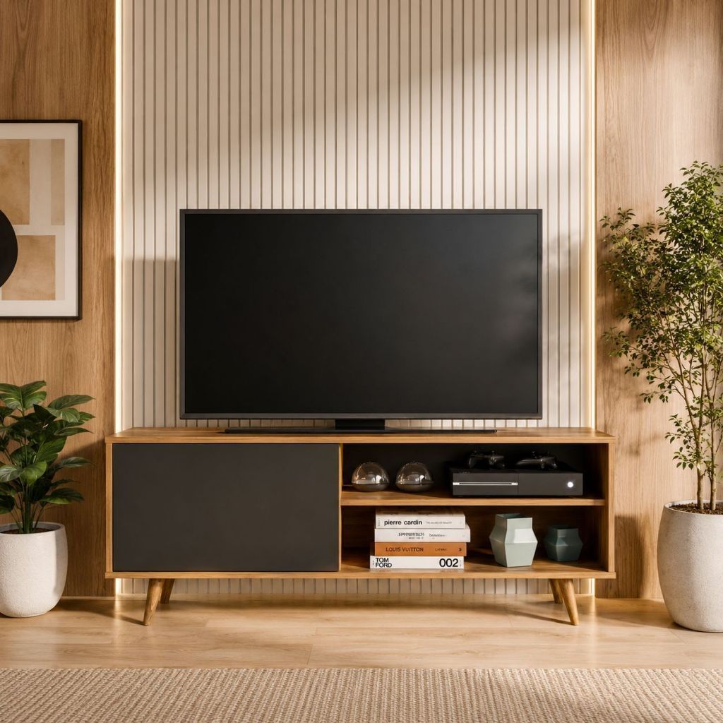 Painel p/ Sala com 1 Prateleira Multiuso e Pés Palito - Visual Retrô indicado para TV até 43 Polegadas