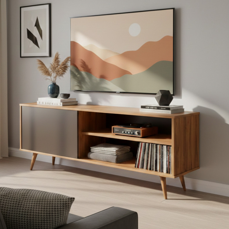 Painel p/ Sala com 1 Prateleira Multiuso e Pés Palito - Visual Retrô indicado para TV até 43 Polegadas