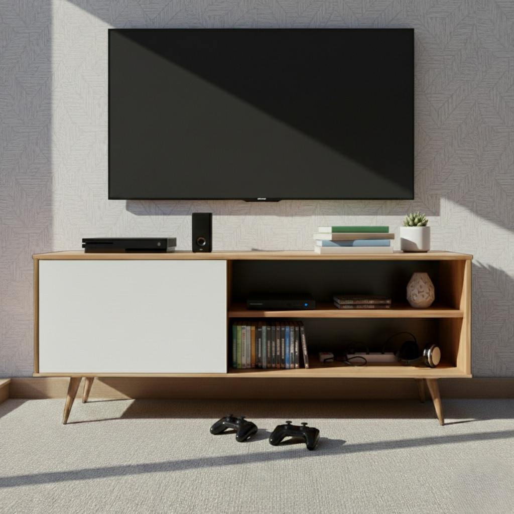 Painel p/ Sala com 1 Prateleira Multiuso e Pés Palito - Visual Retrô indicado para TV até 43 Polegadas