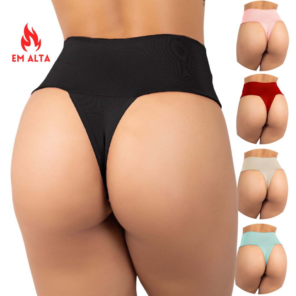 Kit 5 Calcinhas Fio Cintura Alta Cós Reforçado Duplo Conforto Tanga