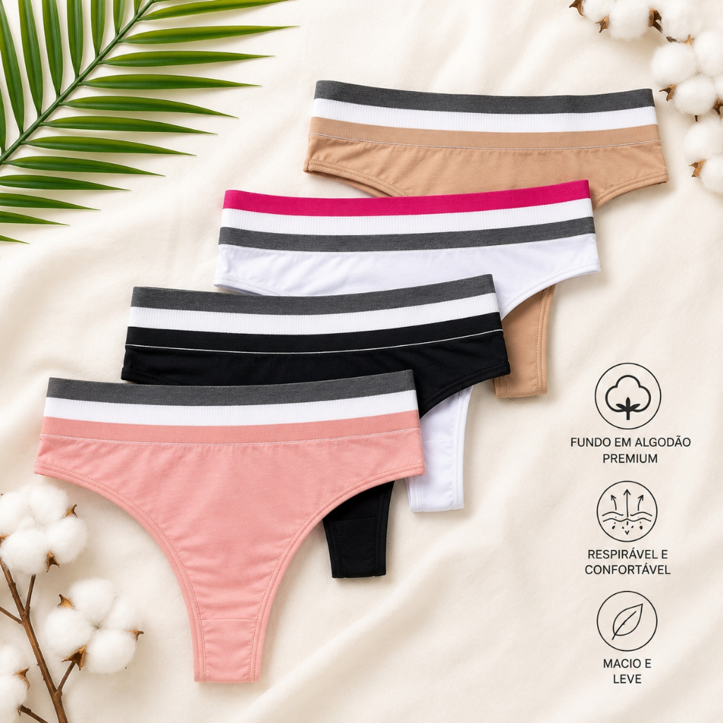 Kit 5 Calcinhas Premium Fio Com Forro em Algodão Conforto
