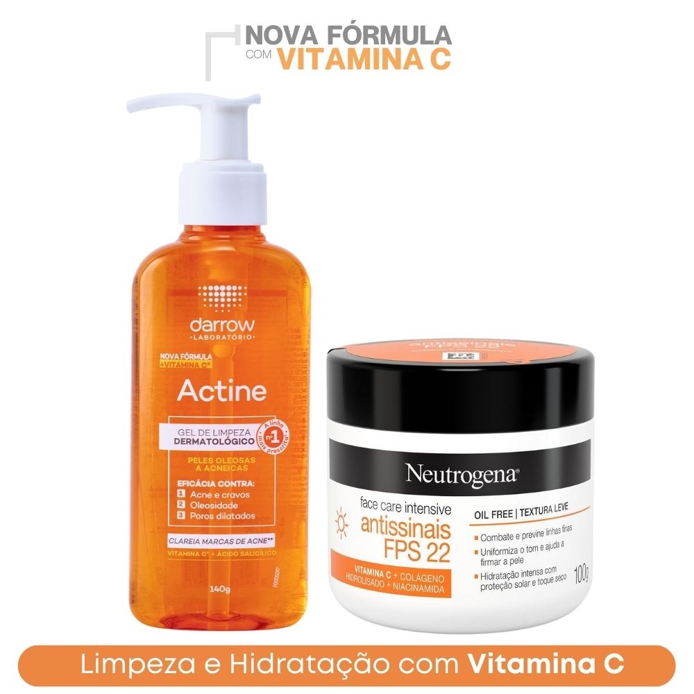 Sabonete Facial Actine Antiacne Antioleosidade 140g + Hidratante Com Vitamina C Neutrogena