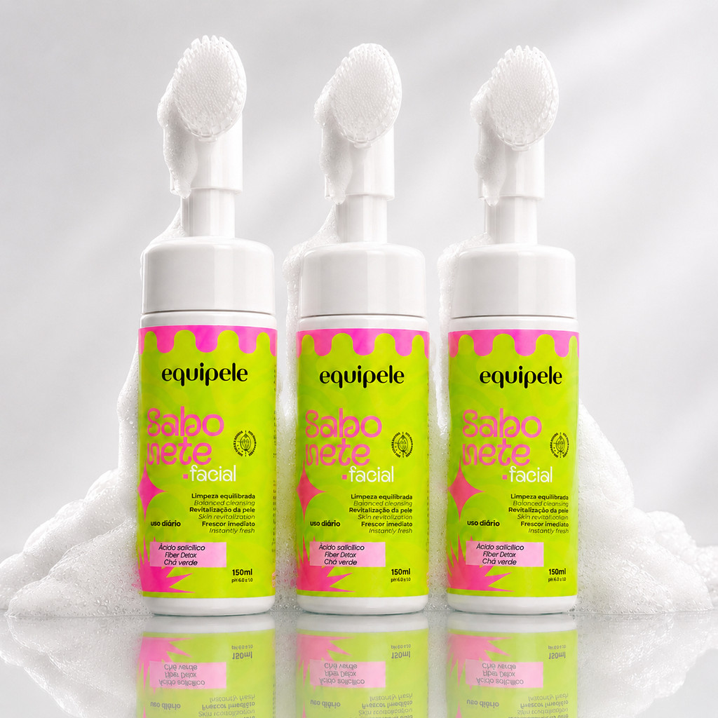 Kit 3 Sabonetes Faciais Equipele Espuma de Limpeza com Escova de Silicone 150ml Ácido Salicílico Antiacne