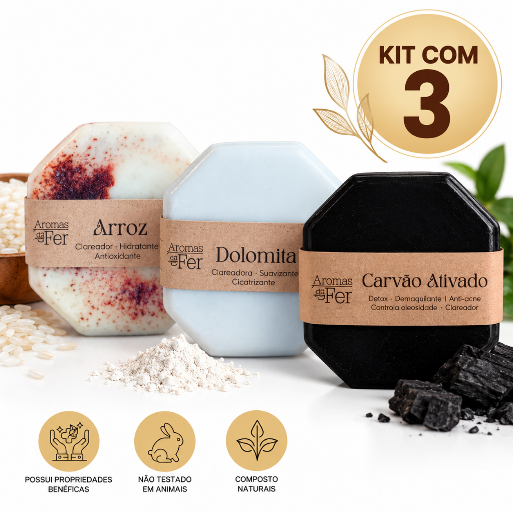 Kit Sabonete Facial Antiacne Esfoliante e Clareador Artesanal Carvão Ativado, Arroz e Dolomita