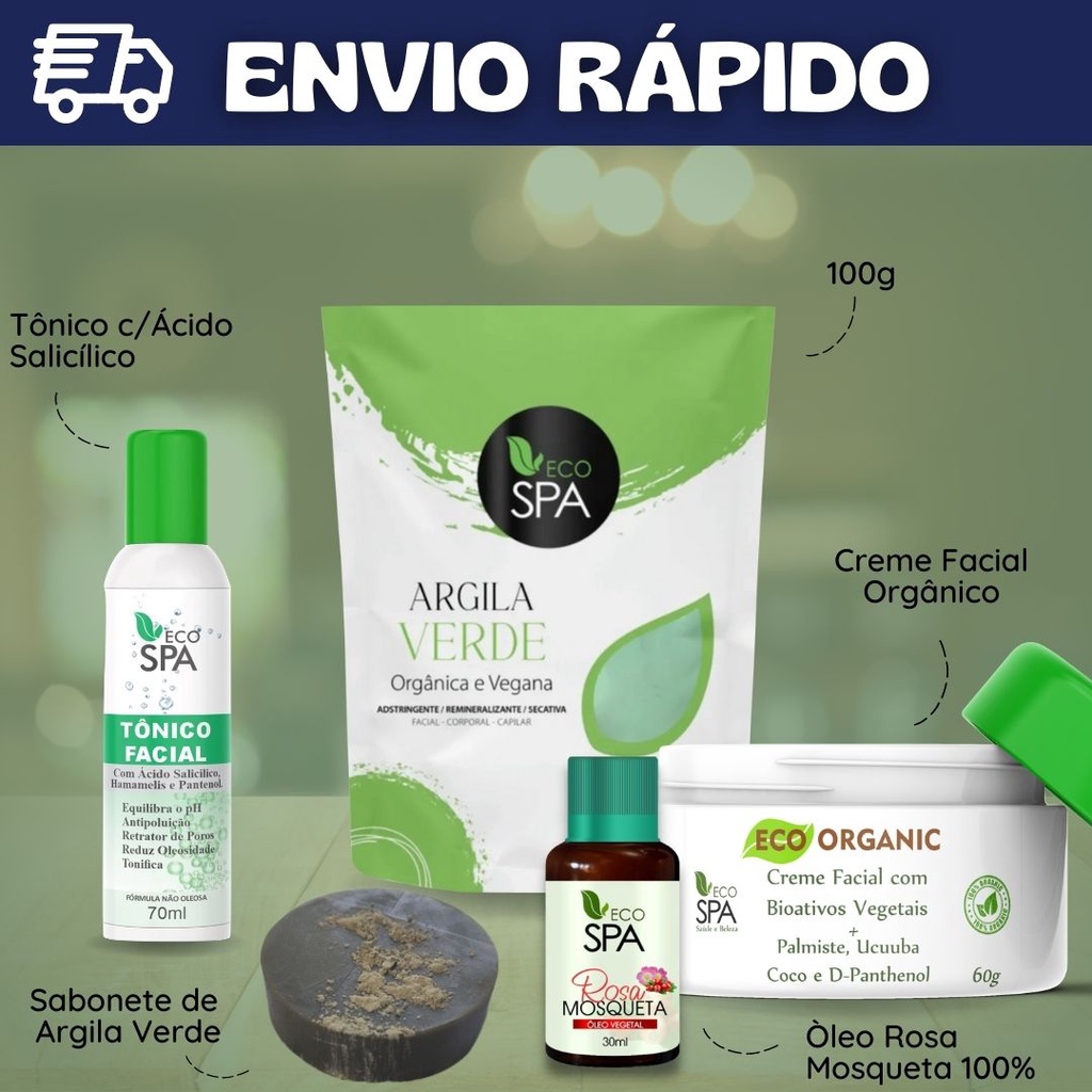 Kit Antiacne Skin Care - Argila Verde + Sabonete Verde + Creme Facial + Rosa Mosqueta + Tônico Salicílico