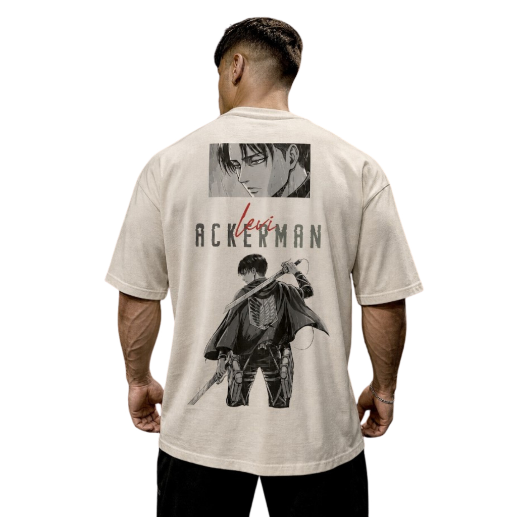 Camiseta Oversized Premium Attack On Titan Levi Offwhite Bege