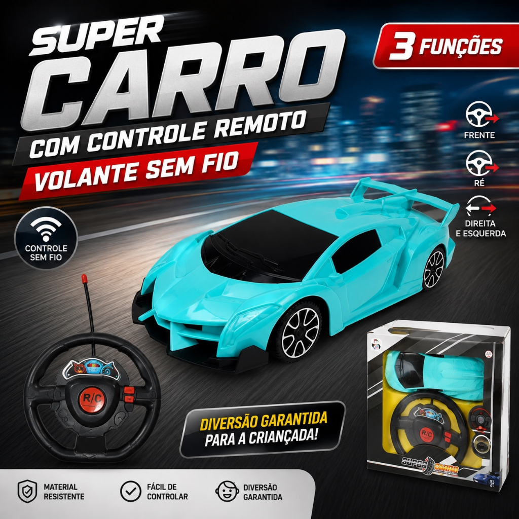 Carro Controle Remoto Infantil com Volante Sem Fio Frente Ré e Direção