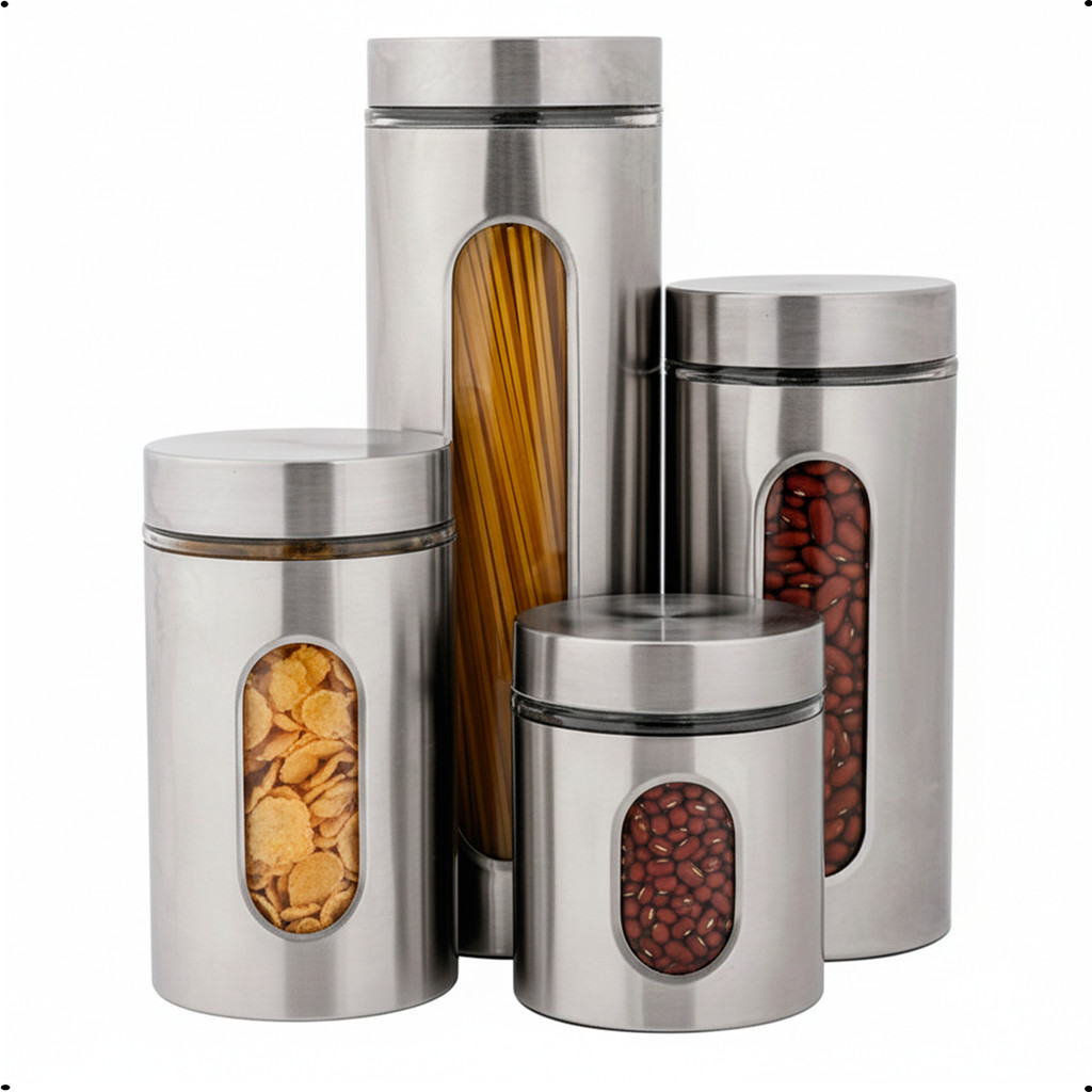 Kit de 4 Potes Herméticos Inox com Visor Ideal para Organização de Despensa e Cozinha Moderna