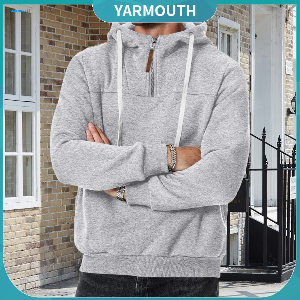 Men Winter Top Hoodie Men's Zippered Half-open Stand Collar Solid Color Loose Fit Pullover Sport with Elastic Cuffs –