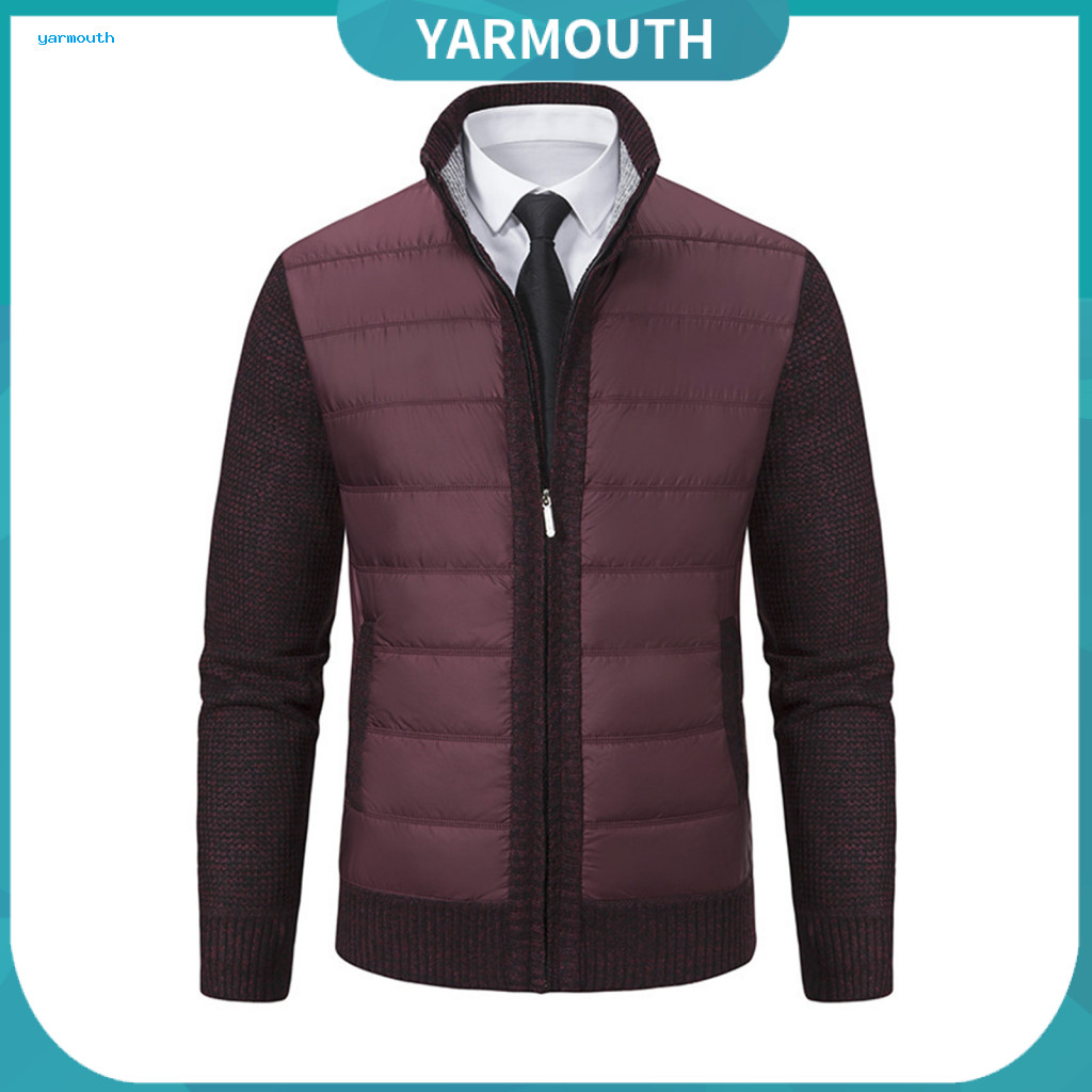 Men Sweater Slim Fit Cardigan Men's Thickened Plush Knit Coat with Pockets Zip-up Patchwork Jacket Loose Stand Collar Lo