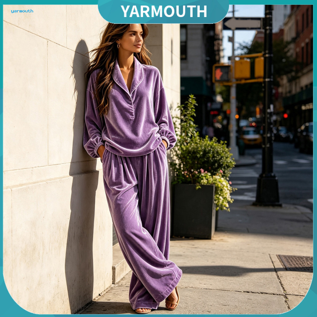 Women Top Pants Set Velvet Two-piece for Fall Winter – Casual Lapel Collar Wide Leg with Pockets Loose Comfortable Lou