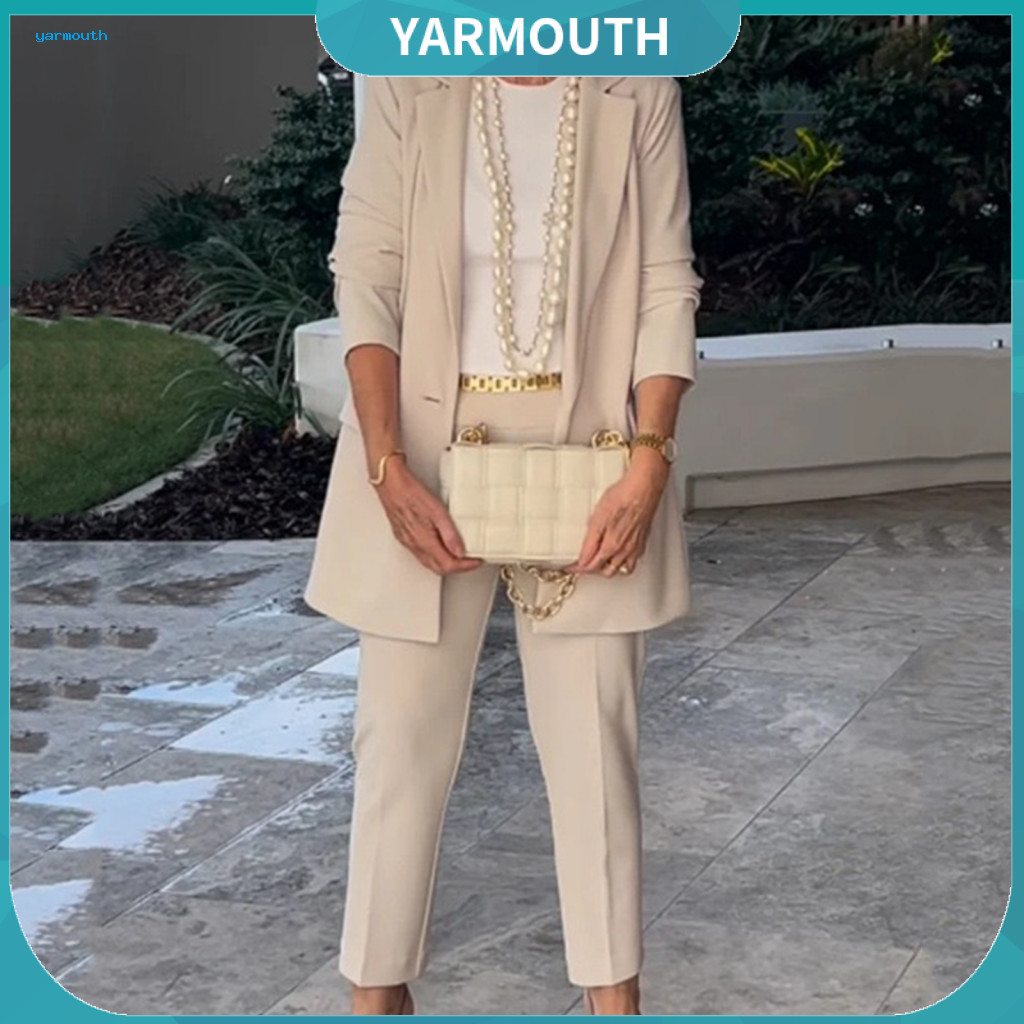 Women Outfit Suit Coat 2 Pcs Formal and Pants Set Turn-down Collar Cardigan Jacket with Long Sleeves Loose Fit Pure Colo