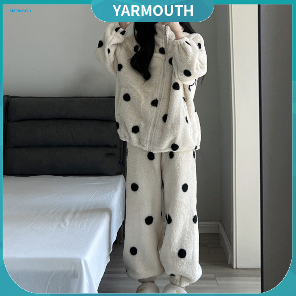 Women Zip-up Pajama Set Long Sleeve 2 Pcs Winter Pajamas Thick Fleece Top Loose Pants Warm High Collar Sleepwear Home We
