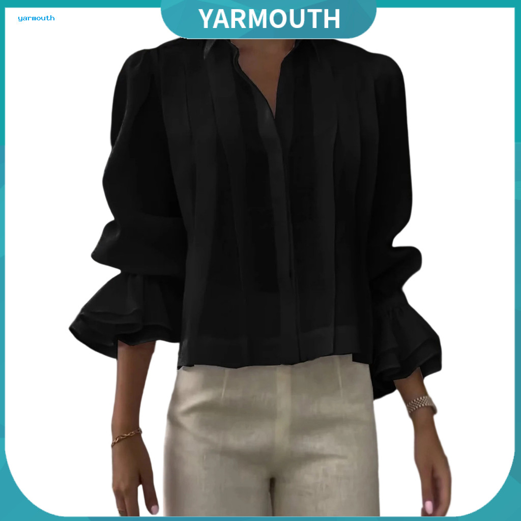Casual Office Top Layered Sleeve Women’s Summer Shirt Lapel Collar Long Ruffle Cuffs Loose Fit Button-down Blouse Pure