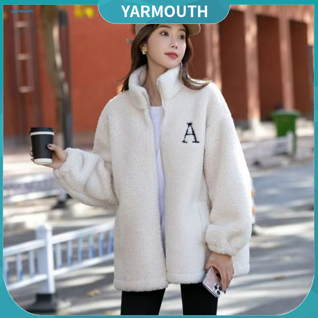 Solid Color Women Coat Jacket Women’s Winter Zip-up Stand Collar Thick Plush with Letter Embroidery and Pockets Loose