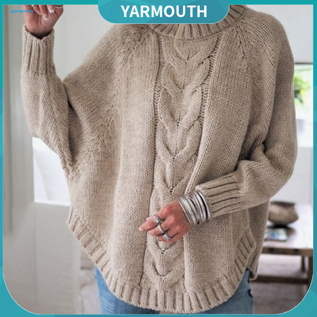 Women Sweater Knitted Half-turtle Neck Women’s Half High Collar Batwing Sleeve Solid Color Twist Texture Loose Fit Pul