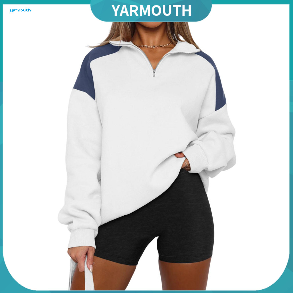 Color Block Sweatshirt Zipper Spring Fall Women’s Loose Half-zip Turn-down Collar Long Sleeves Contrast Street Style f