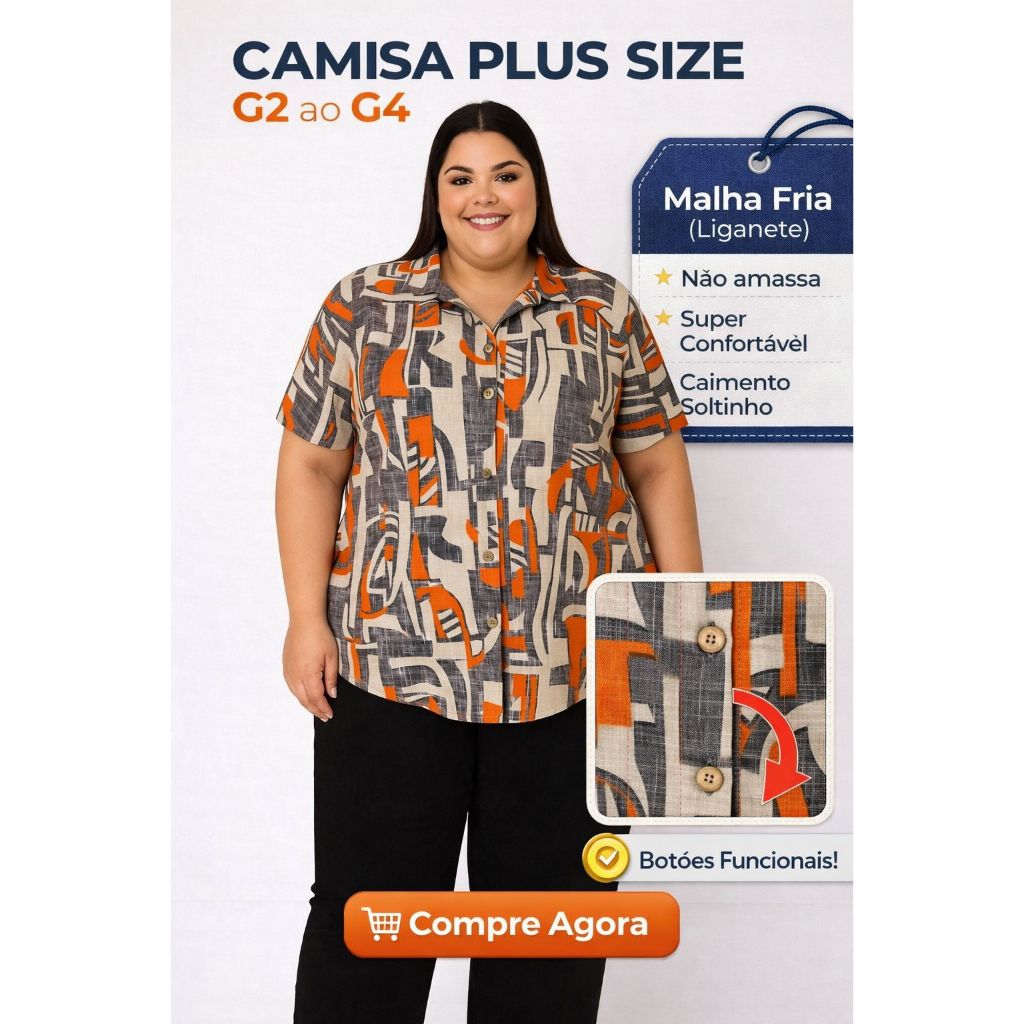 Camisa Feminina Plus Size G2 ao G4 Malha Fria Não Amassa Conforto Garantido Estampa Sortida