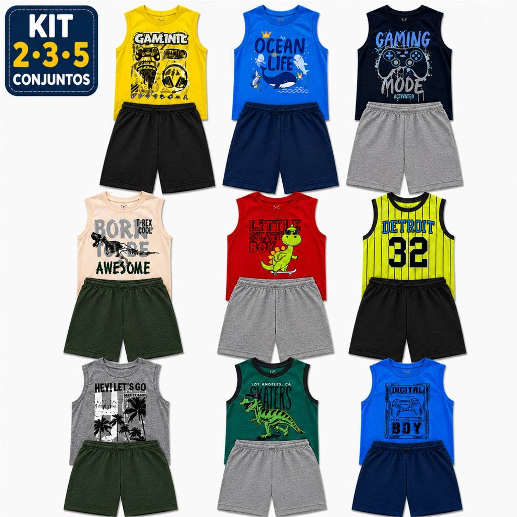 Kit 2 3 ou 5 Conjuntos Infantil Menino Regata Bermuda Verão Tam 1 ao 12