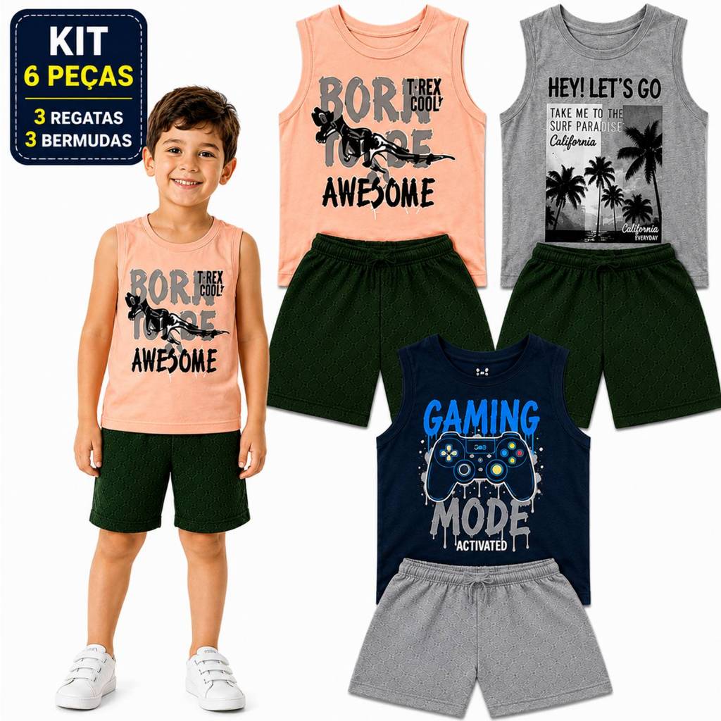 Kit 3 Conjuntos Infantil Menino Regata e Bermuda Verão Tam 1 ao 12