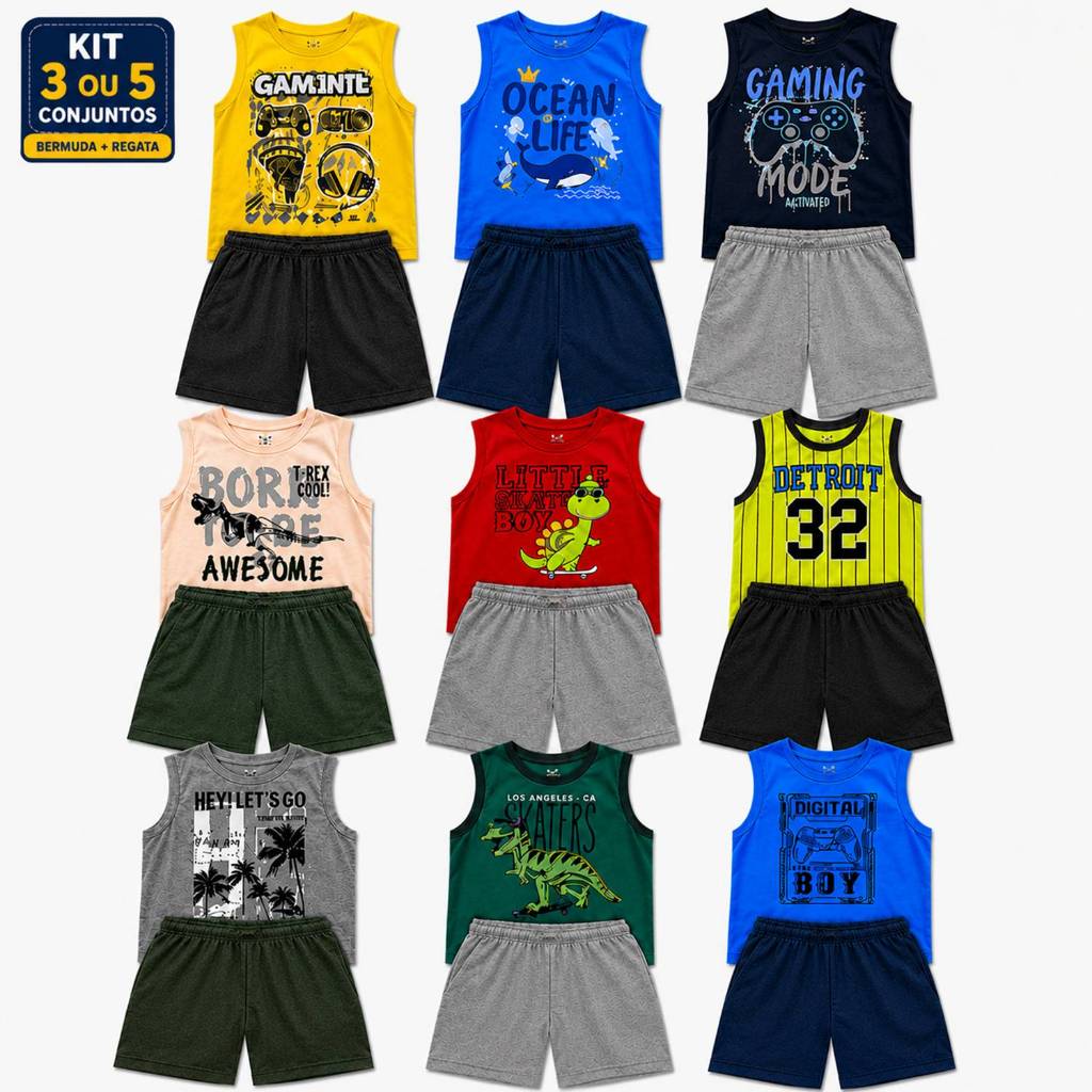 Kit 3 ou 5 Conjuntos Infantil Menino Regata Bermuda Algodão Verão Tamanho 1 ao 12