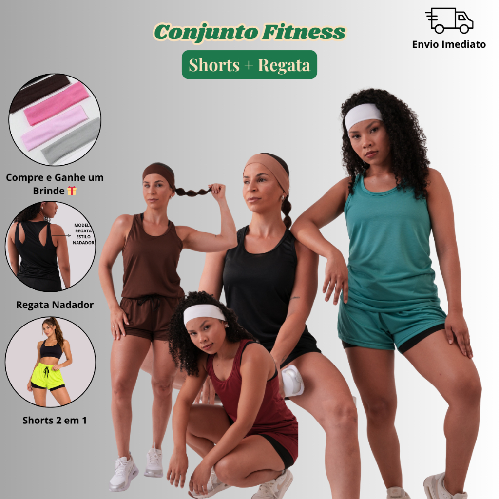 Conjunto Fitness Esportivo Feminino Academia Treino Ioga Short Duplo Dryfit Blusa Top Regata Nadador
